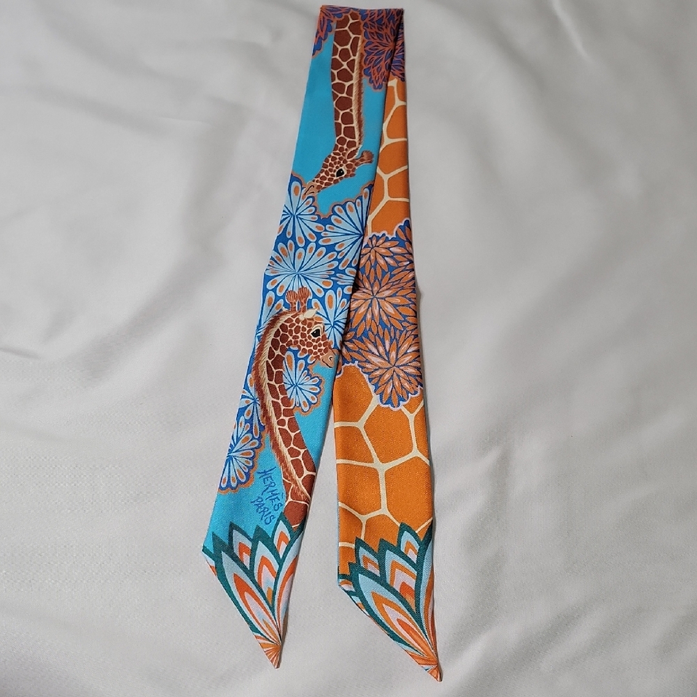 Hermes Blue and Orange Giraffe Silk Twilly